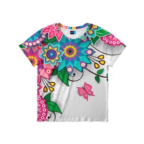 Детская футболка 3D с принтом Розовая бабочка в Курске, 100% гипоаллергенный полиэфир | прямой крой, круглый вырез горловины, длина до линии бедер, чуть спущенное плечо, ткань немного тянется | лепестки | листья | орнамент | сад | узор | цветочки | цветы. бабочка