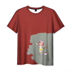 Мужская футболка 3D с принтом Рыжая красит в красный в Курске, 100% полиэфир | прямой крой, круглый вырез горловины, длина до линии бедер |  банка | девушка | женщина | капли | кисточка | кисть | краска | красная | маляр | мульт | мультяшка | недокрашенная | прикол | рыжеволосая | следы | строитель