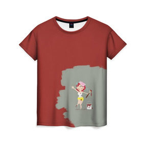 Женская футболка 3D с принтом Рыжая красит в красный в Курске, 100% полиэфир ( синтетическое хлопкоподобное полотно) | прямой крой, круглый вырез горловины, длина до линии бедер |  банка | девушка | женщина | капли | кисточка | кисть | краска | красная | маляр | мульт | мультяшка | недокрашенная | прикол | рыжеволосая | следы | строитель