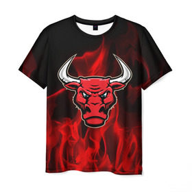 Мужская футболка 3D с принтом Angry bull в Курске, 100% полиэфир | прямой крой, круглый вырез горловины, длина до линии бедер | Тематика изображения на принте: 3d | angry bull | in fire | бык | в огне | дым | животные | мощь | огненный | огонь | пламя | пожар | сила | стихия