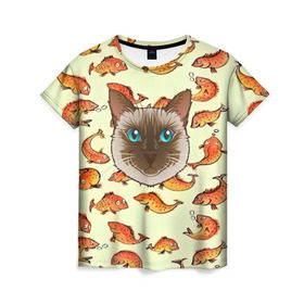 Женская футболка 3D с принтом Котик в рыбках! в Курске, 100% полиэфир ( синтетическое хлопкоподобное полотно) | прямой крой, круглый вырез горловины, длина до линии бедер | животные | коты | котэ | котята | милые животные | прикольные | рыба | рыбки | цветные | яркие