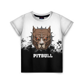 Детская футболка 3D с принтом Pitbull в Курске, 100% гипоаллергенный полиэфир | прямой крой, круглый вырез горловины, длина до линии бедер, чуть спущенное плечо, ткань немного тянется | 3d | dog | pitbull | абстракция | животные | краска | собака | черно белый