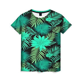 Женская футболка 3D с принтом Tropical pattern в Курске, 100% полиэфир ( синтетическое хлопкоподобное полотно) | прямой крой, круглый вырез горловины, длина до линии бедер | 3d | арт | лето | листья | пальмы | текстура | узор | цветы