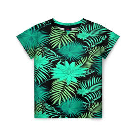 Детская футболка 3D с принтом Tropical pattern в Курске, 100% гипоаллергенный полиэфир | прямой крой, круглый вырез горловины, длина до линии бедер, чуть спущенное плечо, ткань немного тянется | Тематика изображения на принте: 3d | арт | лето | листья | пальмы | текстура | узор | цветы