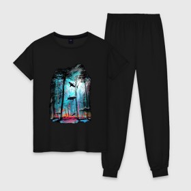 Женская пижама хлопок с принтом Подводный мир (лес с акулами) в Курске, 100% хлопок | брюки и футболка прямого кроя, без карманов, на брюках мягкая резинка на поясе и по низу штанин | пейзаж | сказочный