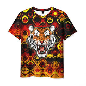 Мужская футболка 3D с принтом Тигр в Курске, 100% полиэфир | прямой крой, круглый вырез горловины, длина до линии бедер | 3d | abstraction | tiger | абстракция | голова животного | клыки | котята | кошки | крик | полосатый | тигр