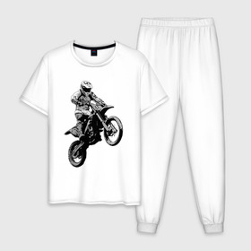 Мужская пижама хлопок с принтом Мотокросс в Курске, 100% хлопок | брюки и футболка прямого кроя, без карманов, на брюках мягкая резинка на поясе и по низу штанин
 | 3d | арт | байк | краска | мотокросс | мотоцикл | прикольные | цветные