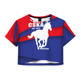 Женская футболка 3D укороченная с принтом CSKA est. 1911 в Курске, 100% полиэстер | круглая горловина, длина футболки до линии талии, рукава с отворотами | армейцы | болельщик | кони | красно синие | фанат | футбол | футболист | цска