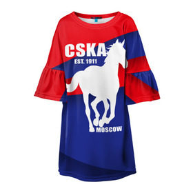 Детское платье 3D с принтом CSKA est. 1911 в Курске, 100% полиэстер | прямой силуэт, чуть расширенный к низу. Круглая горловина, на рукавах — воланы | армейцы | болельщик | кони | красно синие | фанат | футбол | футболист | цска