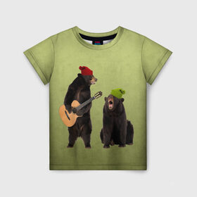 Детская футболка 3D с принтом 2 медведя и гитара в Курске, 100% гипоаллергенный полиэфир | прямой крой, круглый вырез горловины, длина до линии бедер, чуть спущенное плечо, ткань немного тянется | Тематика изображения на принте: животные | музыка