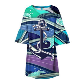 Детское платье 3D с принтом Моряк в Курске, 100% полиэстер | прямой силуэт, чуть расширенный к низу. Круглая горловина, на рукавах — воланы | Тематика изображения на принте: blue | брызги | вмф | вода | военный | волны | капли | море | океан