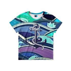 Детская футболка 3D с принтом Моряк в Курске, 100% гипоаллергенный полиэфир | прямой крой, круглый вырез горловины, длина до линии бедер, чуть спущенное плечо, ткань немного тянется | Тематика изображения на принте: blue | брызги | вмф | вода | военный | волны | капли | море | океан