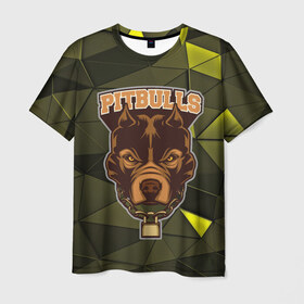 Мужская футболка 3D с принтом Pitbulls в Курске, 100% полиэфир | прямой крой, круглый вырез горловины, длина до линии бедер | dog | pitbulls | абстракция | геометрия | животные | собака | треугольники | цепь