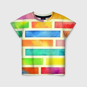 Детская футболка 3D с принтом Bricks Watercolor в Курске, 100% гипоаллергенный полиэфир | прямой крой, круглый вырез горловины, длина до линии бедер, чуть спущенное плечо, ткань немного тянется | 3d | watercolor | кирпичики | клетка | радуга | текстуры | цветные линии