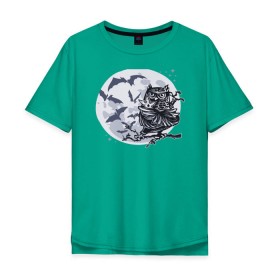 Мужская футболка хлопок Oversize с принтом Сова ниндзя в Курске, 100% хлопок | свободный крой, круглый ворот, “спинка” длиннее передней части | ninja | owl | летучие мыши | луна | ночь | сюрикен | филин
