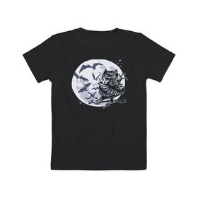 Детская футболка хлопок с принтом Сова ниндзя в Курске, 100% хлопок | круглый вырез горловины, полуприлегающий силуэт, длина до линии бедер | Тематика изображения на принте: ninja | owl | летучие мыши | луна | ночь | сюрикен | филин