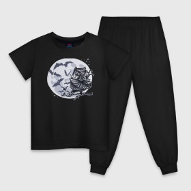 Детская пижама хлопок с принтом Сова ниндзя в Курске, 100% хлопок |  брюки и футболка прямого кроя, без карманов, на брюках мягкая резинка на поясе и по низу штанин
 | ninja | owl | летучие мыши | луна | ночь | сюрикен | филин