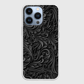 Чехол для iPhone 13 Pro с принтом Вырезанный Узор в Курске,  |  | абстракция | бумага | вензаль | гжель | дерево | деревянный | завиток | заросли | лилия | листь | ночь | резьба | роспись | серый | тени | тропики | хохлома | цветок | цветы | черный