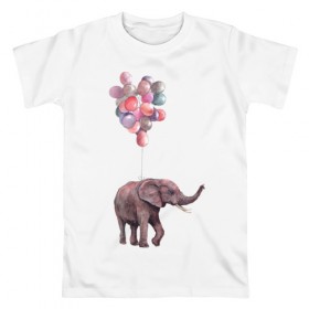 Мужская футболка хлопок с принтом Слоник-подарок в Курске, 100% хлопок | прямой крой, круглый вырез горловины, длина до линии бедер, слегка спущенное плечо. | Тематика изображения на принте: акварель | воздушные шары | легкость | подарок | слон | слоник | шарики | шары