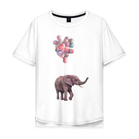Мужская футболка хлопок Oversize с принтом Слоник-подарок в Курске, 100% хлопок | свободный крой, круглый ворот, “спинка” длиннее передней части | акварель | воздушные шары | легкость | подарок | слон | слоник | шарики | шары