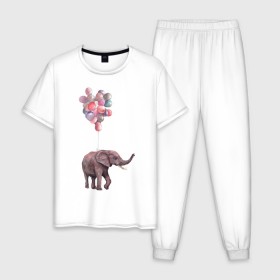 Мужская пижама хлопок с принтом Слоник-подарок в Курске, 100% хлопок | брюки и футболка прямого кроя, без карманов, на брюках мягкая резинка на поясе и по низу штанин
 | акварель | воздушные шары | легкость | подарок | слон | слоник | шарики | шары