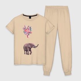 Женская пижама хлопок с принтом Слоник-подарок в Курске, 100% хлопок | брюки и футболка прямого кроя, без карманов, на брюках мягкая резинка на поясе и по низу штанин | акварель | воздушные шары | легкость | подарок | слон | слоник | шарики | шары