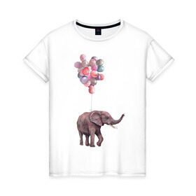 Женская футболка хлопок с принтом Слоник-подарок в Курске, 100% хлопок | прямой крой, круглый вырез горловины, длина до линии бедер, слегка спущенное плечо | акварель | воздушные шары | легкость | подарок | слон | слоник | шарики | шары