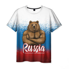 Мужская футболка 3D с принтом Russian Bear в Курске, 100% полиэфир | прямой крой, круглый вырез горловины, длина до линии бедер | Тематика изображения на принте: bear | russia | медведь | патриотическая | россия | русский медведь | триколор | флаг рф