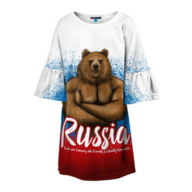 Детское платье 3D с принтом Russian Bear в Курске, 100% полиэстер | прямой силуэт, чуть расширенный к низу. Круглая горловина, на рукавах — воланы | Тематика изображения на принте: bear | russia | медведь | патриотическая | россия | русский медведь | триколор | флаг рф