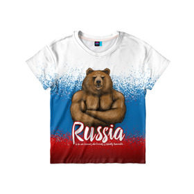 Детская футболка 3D с принтом Russian Bear в Курске, 100% гипоаллергенный полиэфир | прямой крой, круглый вырез горловины, длина до линии бедер, чуть спущенное плечо, ткань немного тянется | Тематика изображения на принте: bear | russia | медведь | патриотическая | россия | русский медведь | триколор | флаг рф