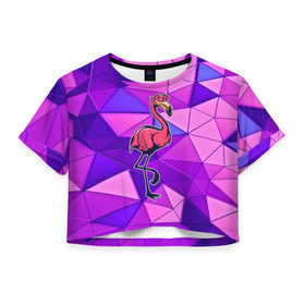 Женская футболка 3D укороченная с принтом Фламинго в Курске, 100% полиэстер | круглая горловина, длина футболки до линии талии, рукава с отворотами | bird | flyer | fowl | poultry | seabird | triangle | абстракция | животные | птицы | текстуры | тренд | треугольники | фламинго