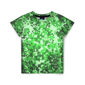 Детская футболка 3D с принтом Камуфляж зеленые соты в Курске, 100% гипоаллергенный полиэфир | прямой крой, круглый вырез горловины, длина до линии бедер, чуть спущенное плечо, ткань немного тянется | Тематика изображения на принте: армия | болото | зеленка | зеленый | камок | камуфляж | лес | маскировка | мундир | натовка | охотник | пазл | прикольный | рыбак | солдат | яркий