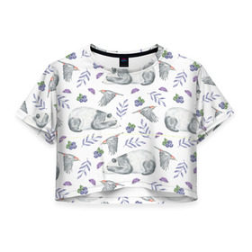 Женская футболка 3D укороченная с принтом Панда в Курске, 100% полиэстер | круглая горловина, длина футболки до линии талии, рукава с отворотами | дятел | медведь | мишка | панда | птичка | цветы | ягоды