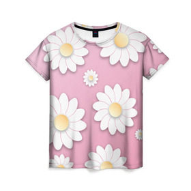 Женская футболка 3D с принтом Ромашки в Курске, 100% полиэфир ( синтетическое хлопкоподобное полотно) | прямой крой, круглый вырез горловины, длина до линии бедер | Тематика изображения на принте: весна | природа | ромашки | цветы