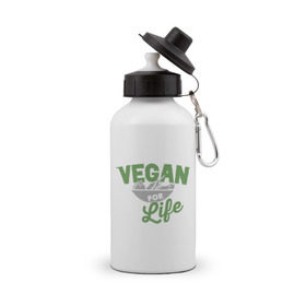 Бутылка спортивная с принтом Vegan for Life в Курске, металл | емкость — 500 мл, в комплекте две пластиковые крышки и карабин для крепления | Тематика изображения на принте: green | vegan | yoga | веган | вегетарианец | вегетарианство | витамины | здоровье | зеленый | зож | йога | овощи | фрукты