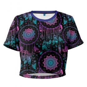 Женская футболка 3D укороченная с принтом Ловцы снов в Курске, 100% полиэстер | круглая горловина, длина футболки до линии талии, рукава с отворотами | геометрия | звезды | индия | космос | перья | птица | узоры