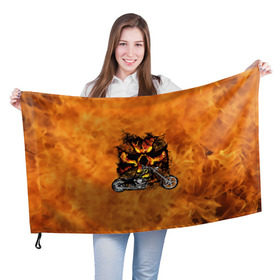 Флаг 3D с принтом Череп в огне, байк в Курске, 100% полиэстер | плотность ткани — 95 г/м2, размер — 67 х 109 см. Принт наносится с одной стороны | байкер | мотоцикл | огонь | череп