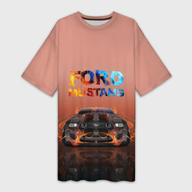Платье-футболка 3D с принтом Ford Mustang в Курске,  |  | 50 лет | mach 1 | авто | автомобиль | блатн | иномарка | крутая | логотип | марка красивая | машина | мустанг | надпись | пацанский таз | седан | тачила | тачка | форд | эмблема