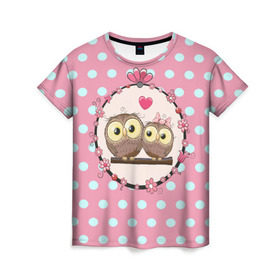 Женская футболка 3D с принтом Совы в Курске, 100% полиэфир ( синтетическое хлопкоподобное полотно) | прямой крой, круглый вырез горловины, длина до линии бедер | 3d | горошек | животные | кружочки | любовь | птицы | розовый | сова | текстуры | цветы