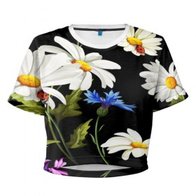 Женская футболка 3D укороченная с принтом Ромашки в Курске, 100% полиэстер | круглая горловина, длина футболки до линии талии, рукава с отворотами | 3d | birds | fashion flower | flower | pattern | другие | красивые цветы | красные | прикольные | природа | птицы | ромашки | текстуры | цветочки | цветы