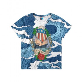 Детская футболка 3D с принтом U.S.Navy в Курске, 100% гипоаллергенный полиэфир | прямой крой, круглый вырез горловины, длина до линии бедер, чуть спущенное плечо, ткань немного тянется | Тематика изображения на принте: 3d | blue | брызги | вмф | вода | военный | волны | исторический | капли | корабль | лето | море | моряк | океан | природа | фрегат | шторм