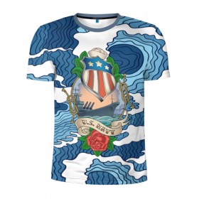 Мужская футболка 3D спортивная с принтом U.S.Navy в Курске, 100% полиэстер с улучшенными характеристиками | приталенный силуэт, круглая горловина, широкие плечи, сужается к линии бедра | 3d | blue | брызги | вмф | вода | военный | волны | исторический | капли | корабль | лето | море | моряк | океан | природа | фрегат | шторм