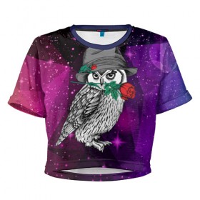 Женская футболка 3D укороченная с принтом Сова в Курске, 100% полиэстер | круглая горловина, длина футболки до линии талии, рукава с отворотами | 3d | абстракция | арт | звезды | космос | полигоны | птица | сова | цветы