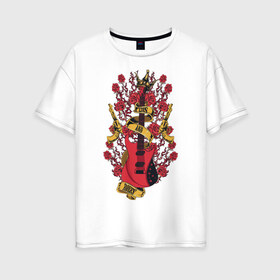 Женская футболка хлопок Oversize с принтом GunsnRoses в Курске, 100% хлопок | свободный крой, круглый ворот, спущенный рукав, длина до линии бедер
 | guitar | gun | guns | music | rock | rose | roses | гитара | музыка | пистолет | розы | рок