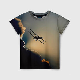 Детская футболка 3D с принтом Покоритель небес в Курске, 100% гипоаллергенный полиэфир | прямой крой, круглый вырез горловины, длина до линии бедер, чуть спущенное плечо, ткань немного тянется | Тематика изображения на принте: закат | кукурузник | небо | облака | самолёт | силуэт