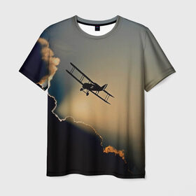 Мужская футболка 3D с принтом Покоритель небес в Курске, 100% полиэфир | прямой крой, круглый вырез горловины, длина до линии бедер | закат | кукурузник | небо | облака | самолёт | силуэт