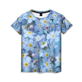 Женская футболка 3D с принтом Незабудки в Курске, 100% полиэфир ( синтетическое хлопкоподобное полотно) | прямой крой, круглый вырез горловины, длина до линии бедер | Тематика изображения на принте: лето | небо | цветы