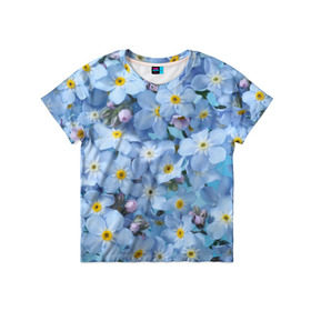 Детская футболка 3D с принтом Незабудки в Курске, 100% гипоаллергенный полиэфир | прямой крой, круглый вырез горловины, длина до линии бедер, чуть спущенное плечо, ткань немного тянется | Тематика изображения на принте: лето | небо | цветы