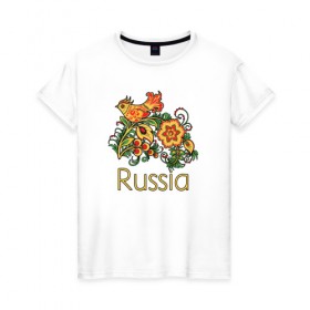 Женская футболка хлопок с принтом Россия - наша страна в Курске, 100% хлопок | прямой крой, круглый вырез горловины, длина до линии бедер, слегка спущенное плечо | russia | патриотизм | россия