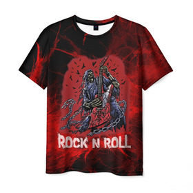 Мужская футболка 3D с принтом Мертвый гитарист в Курске, 100% полиэфир | прямой крой, круглый вырез горловины, длина до линии бедер | rock | ворон | гитара | гитарист | жанр | космос | красный | мертвец | металл | музыка | надпись | панк | песня | птицы | рок | рок н рол | скелет | стиль | хард | хой | цепи | череп | я люблю рок